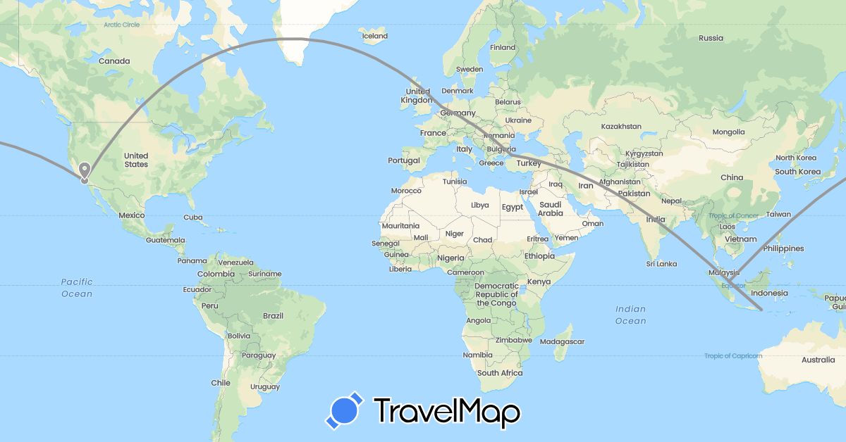 TravelMap itinerary: driving, plane in Indonesia, Netherlands, Singapore, Turkey, United States (Asia, Europe, North America)